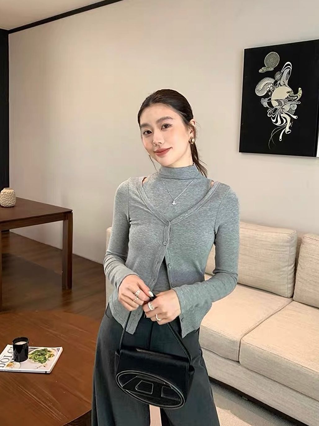 Mock-Neck Top & Cardigan Set