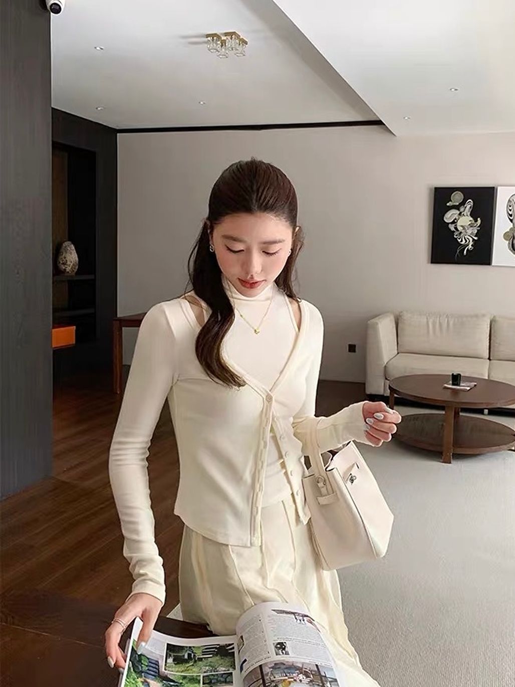 Mock-Neck Top & Cardigan Set