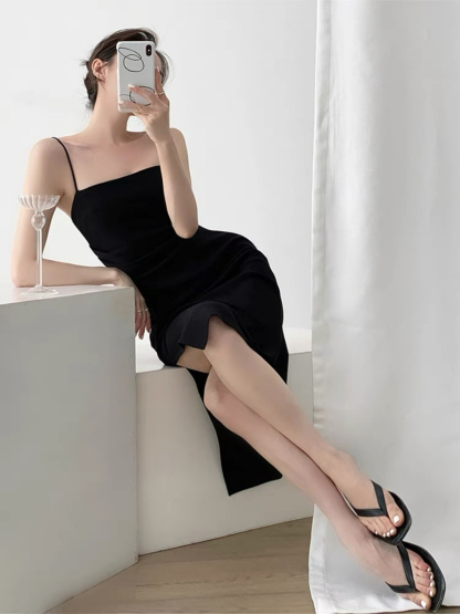Xona Side Ruched Cami Dress-The Black Bow-