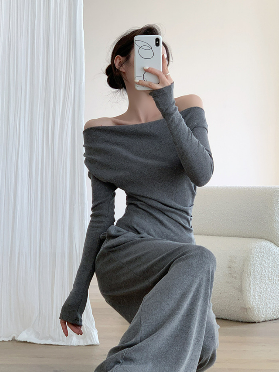 Xareny Off Shoulder Asymmetric Knit Top & Pants-The Black Bow-