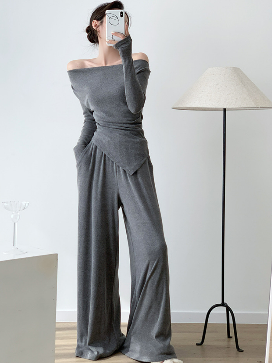 Xareny Off Shoulder Asymmetric Knit Top & Pants-The Black Bow-