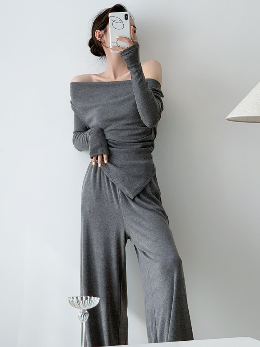 Xareny Off Shoulder Asymmetric Knit Top & Pants-The Black Bow-