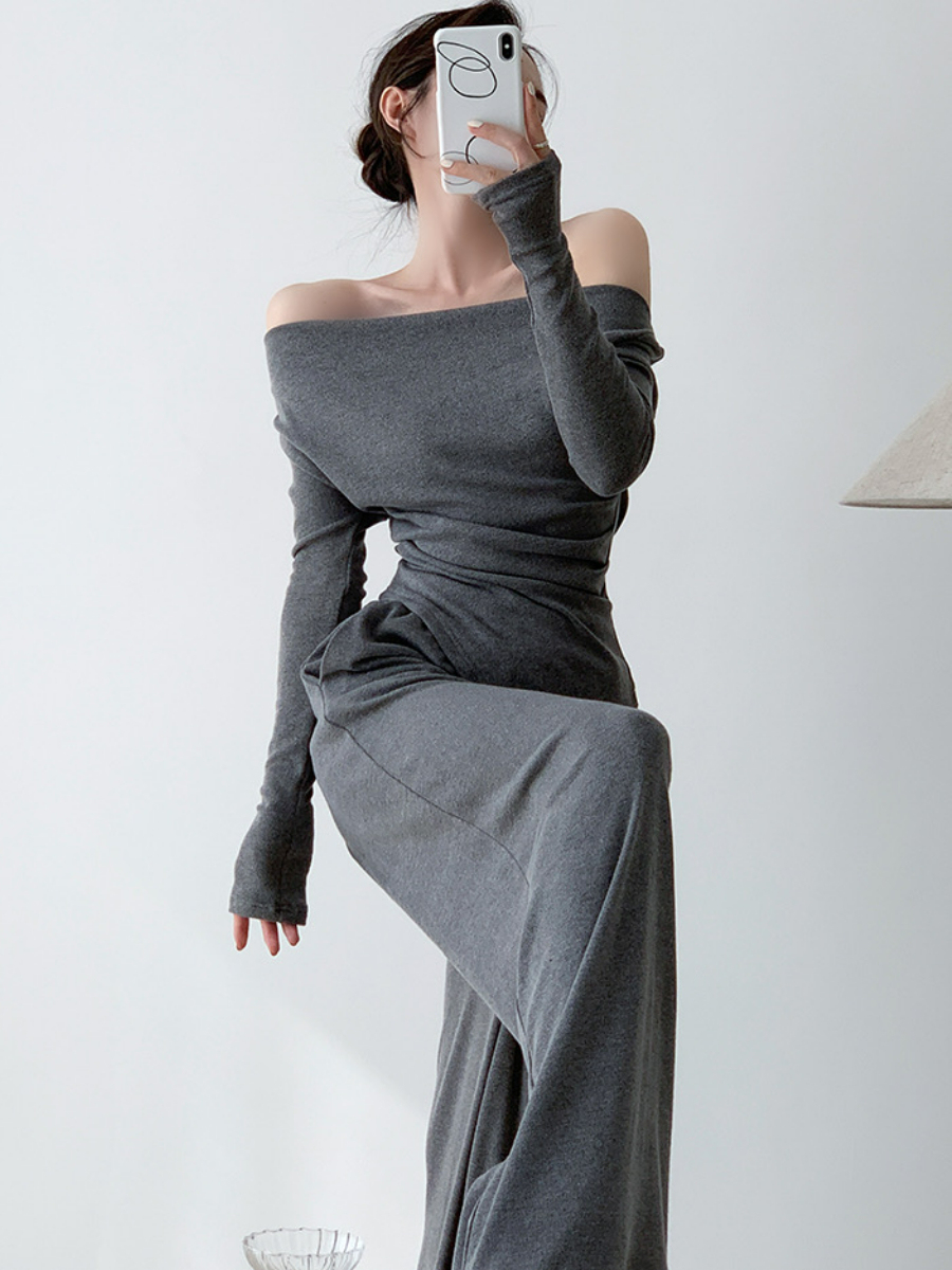 Xareny Off Shoulder Asymmetric Knit Top & Pants-The Black Bow-