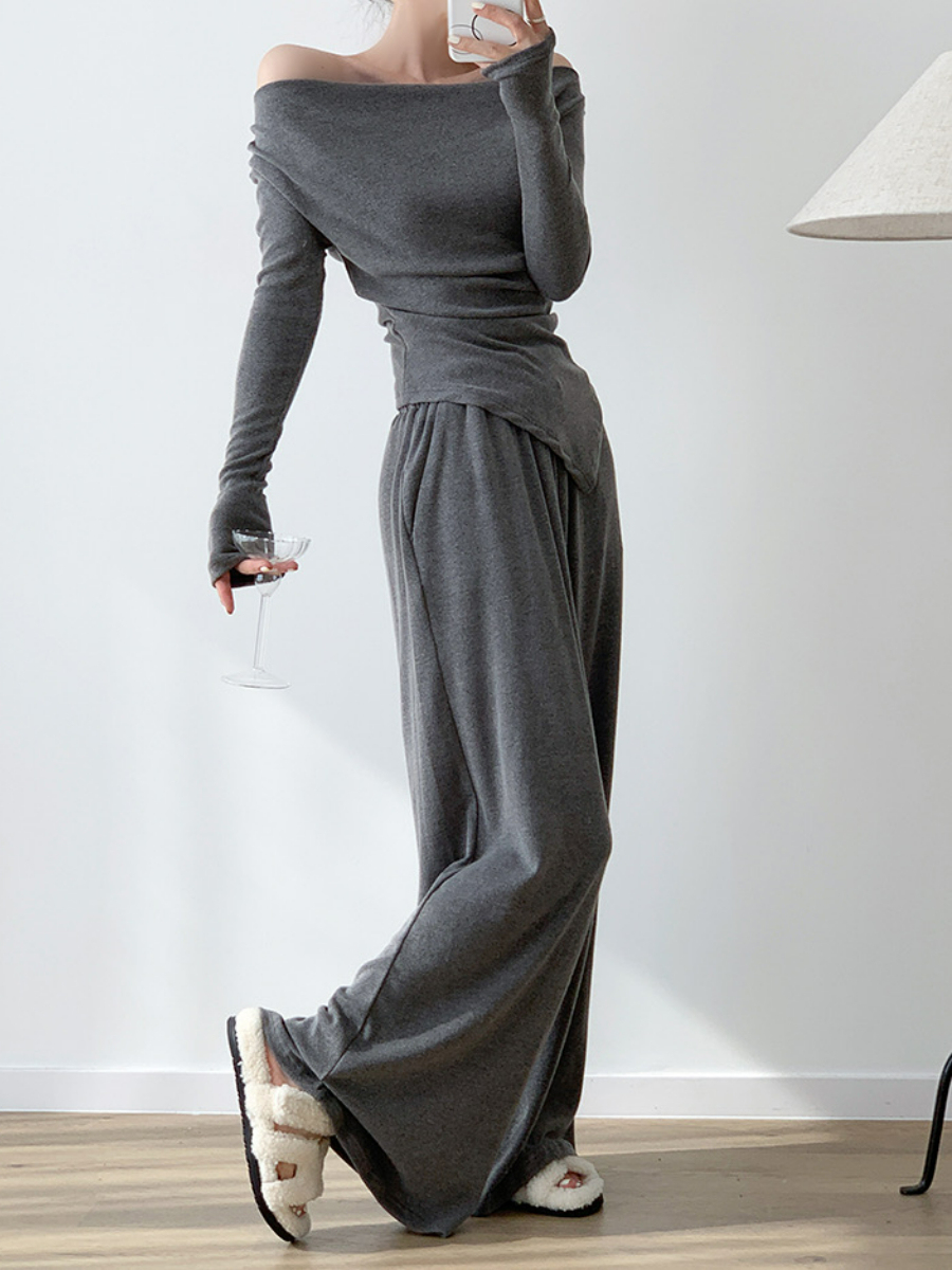 Xareny Off Shoulder Asymmetric Knit Top & Pants-The Black Bow-