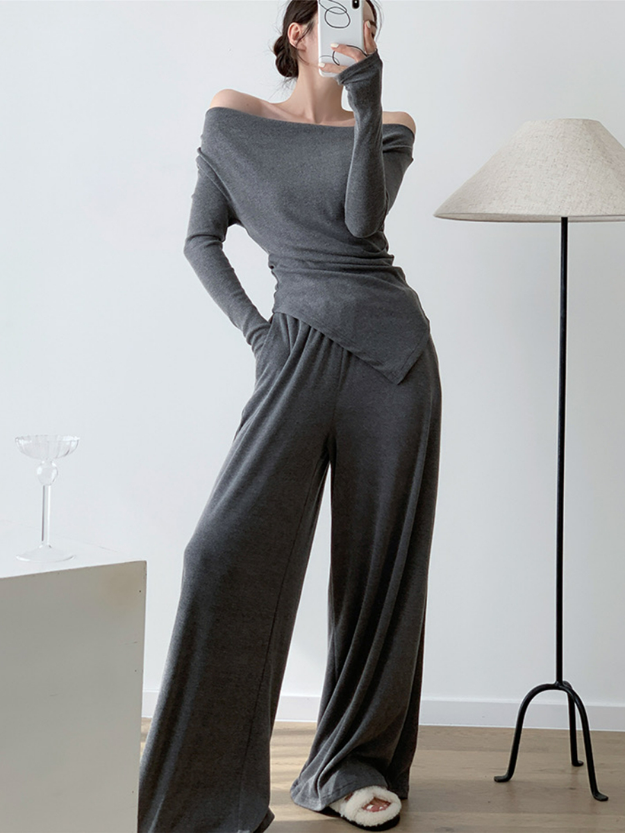 Xareny Off Shoulder Asymmetric Knit Top & Pants-The Black Bow-