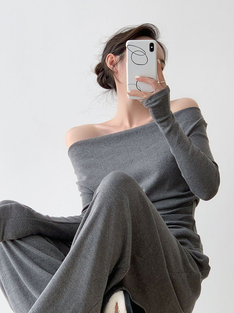 Xareny Off Shoulder Asymmetric Knit Top & Pants-The Black Bow-