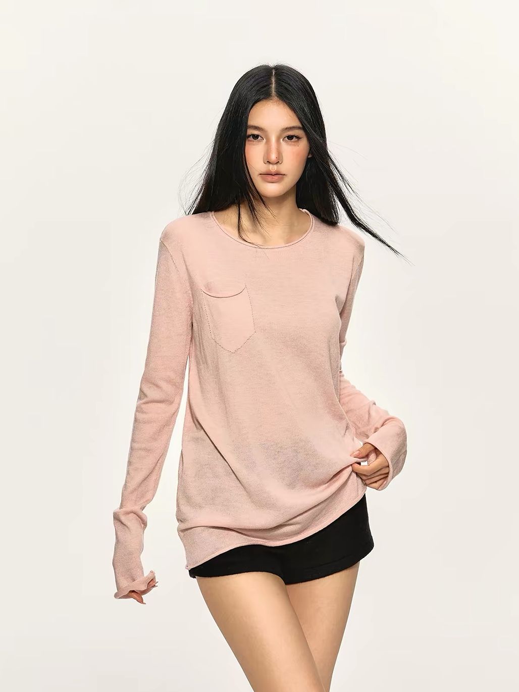 Gael Sheer-Knit Pocket Long-Sleeve Top