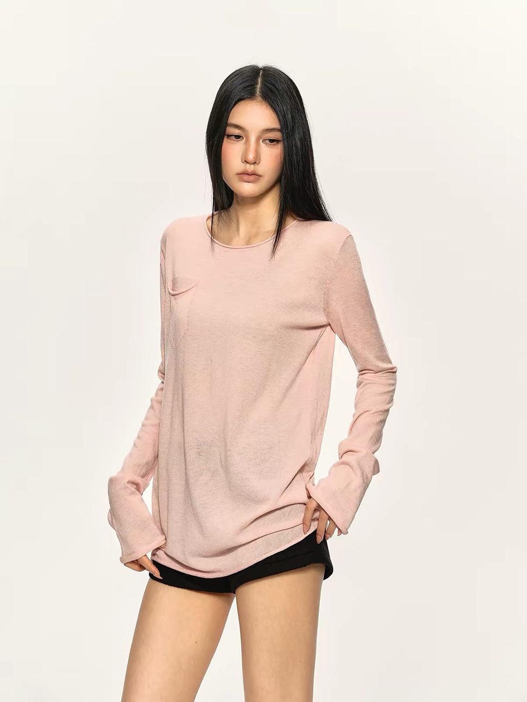 Gael Sheer-Knit Pocket Long-Sleeve Top