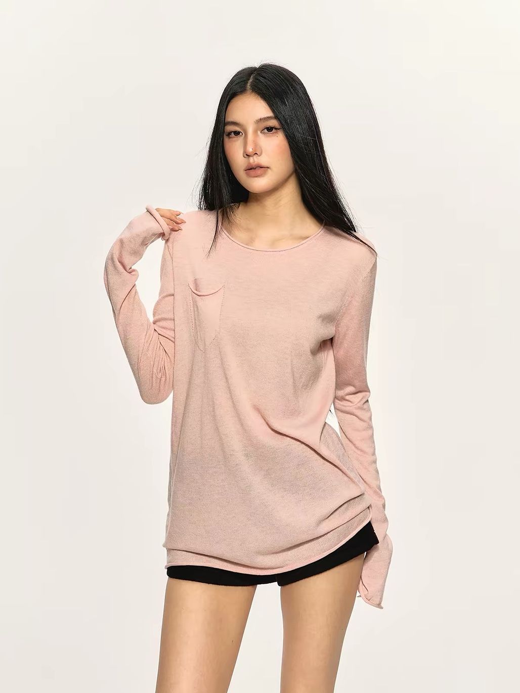 Gael Sheer-Knit Pocket Long-Sleeve Top