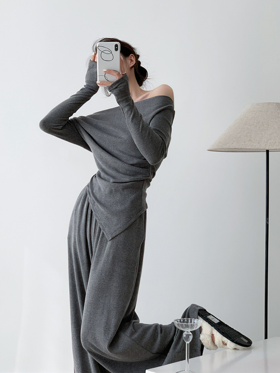 Xareny Off Shoulder Asymmetric Knit Top & Pants-The Black Bow-