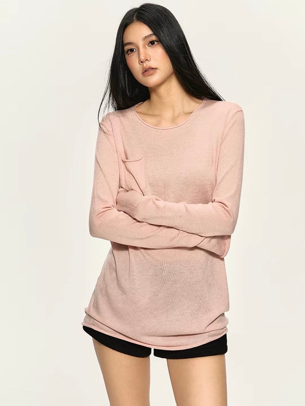 Gael Sheer-Knit Pocket Long-Sleeve Top