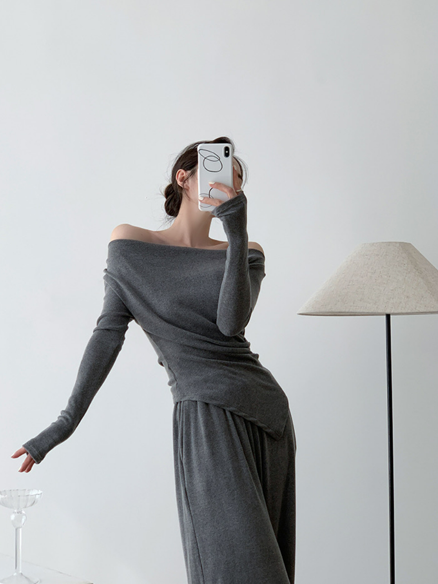 Xareny Off Shoulder Asymmetric Knit Top & Pants-The Black Bow-