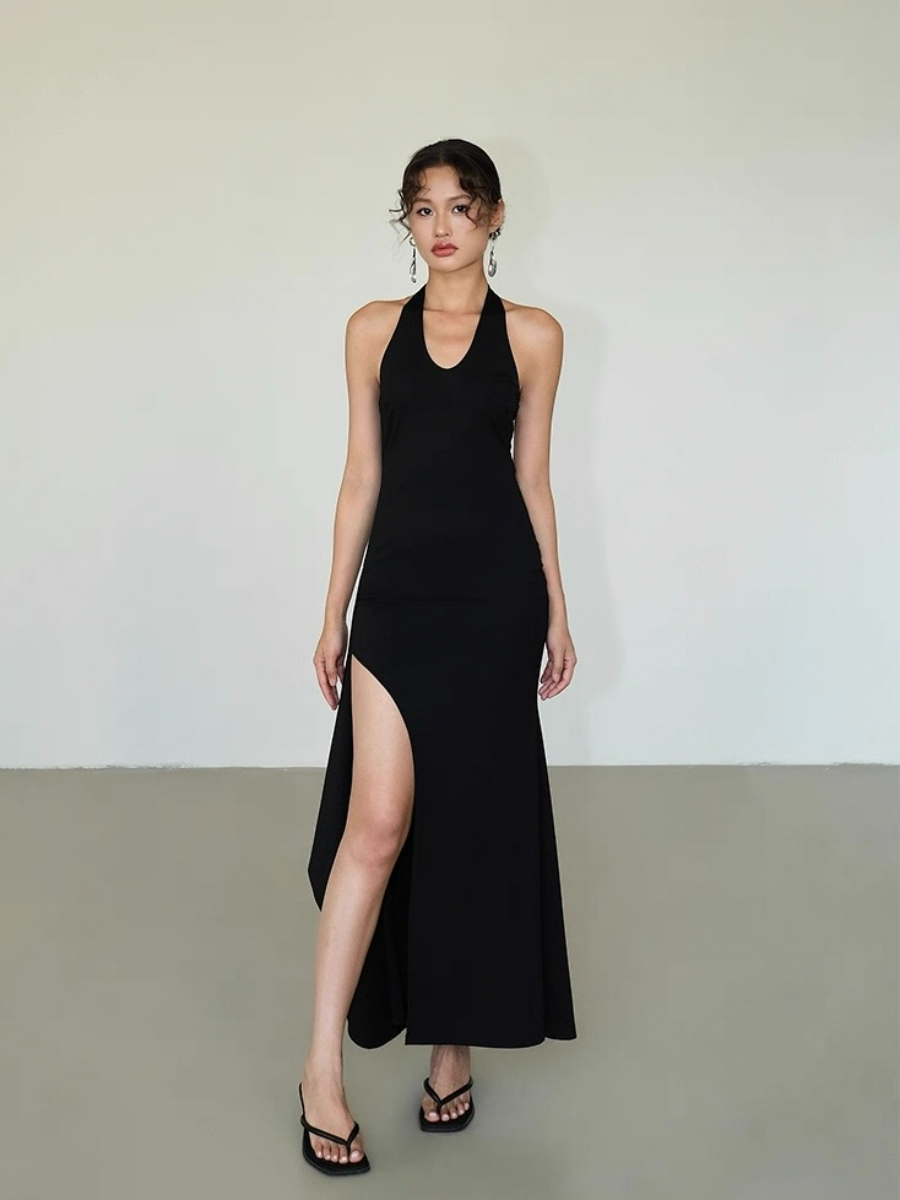 Alicia V-Neck High Slit Tie Back Knit Dress