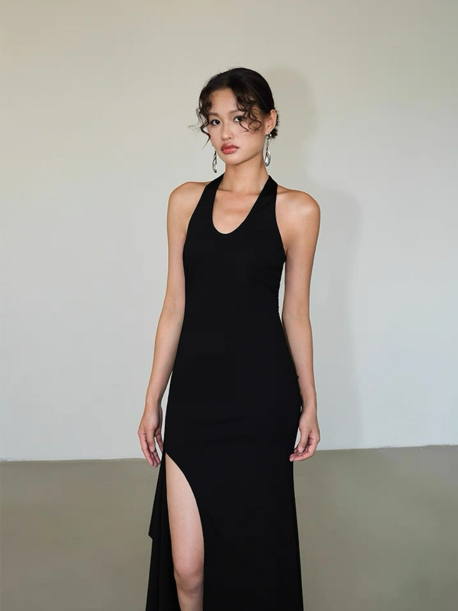 Alicia V-Neck High Slit Tie Back Knit Dress