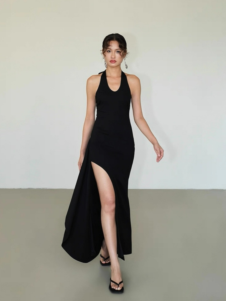 Alicia V-Neck High Slit Tie Back Knit Dress