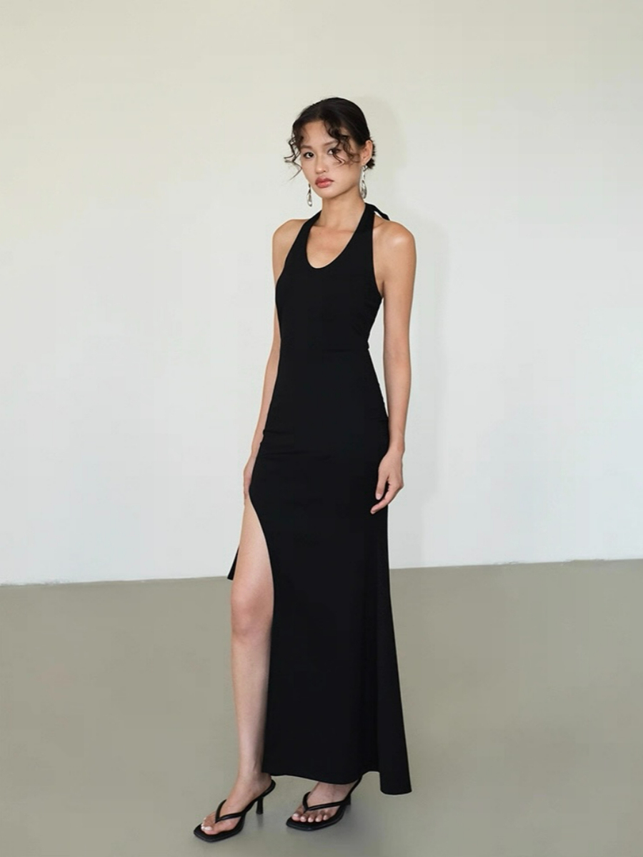 Alicia V-Neck High Slit Tie Back Knit Dress