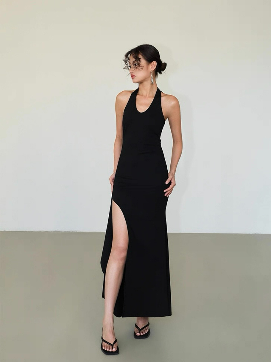 Alicia V-Neck High Slit Tie Back Knit Dress