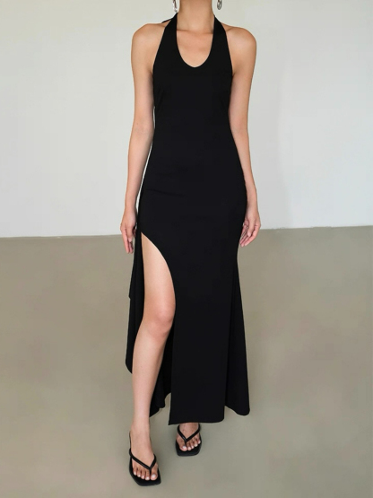 Alicia V-Neck High Slit Tie Back Knit Dress