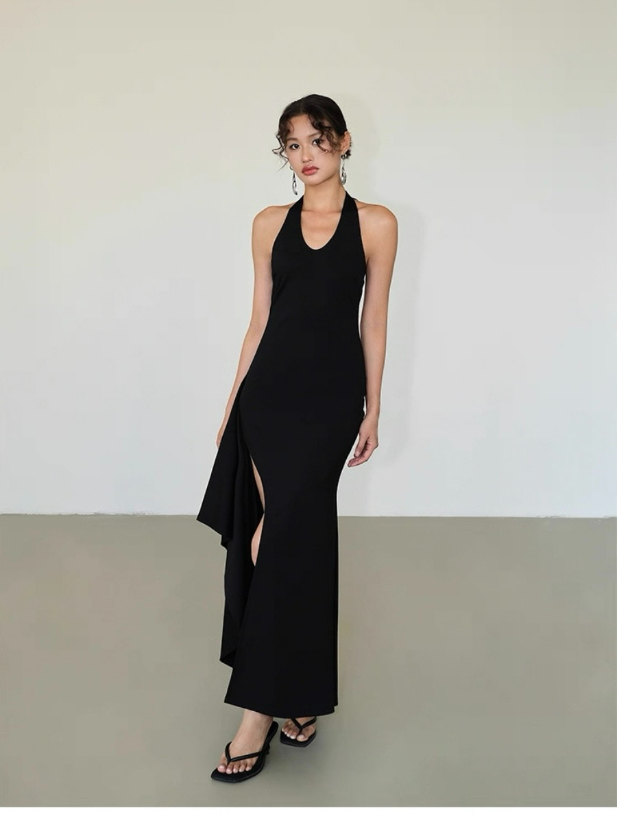 Alicia V-Neck High Slit Tie Back Knit Dress