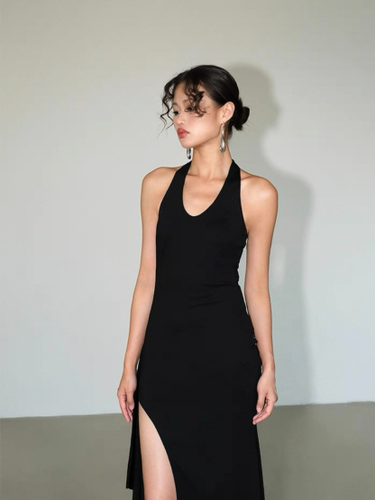 Alicia V-Neck High Slit Tie Back Knit Dress