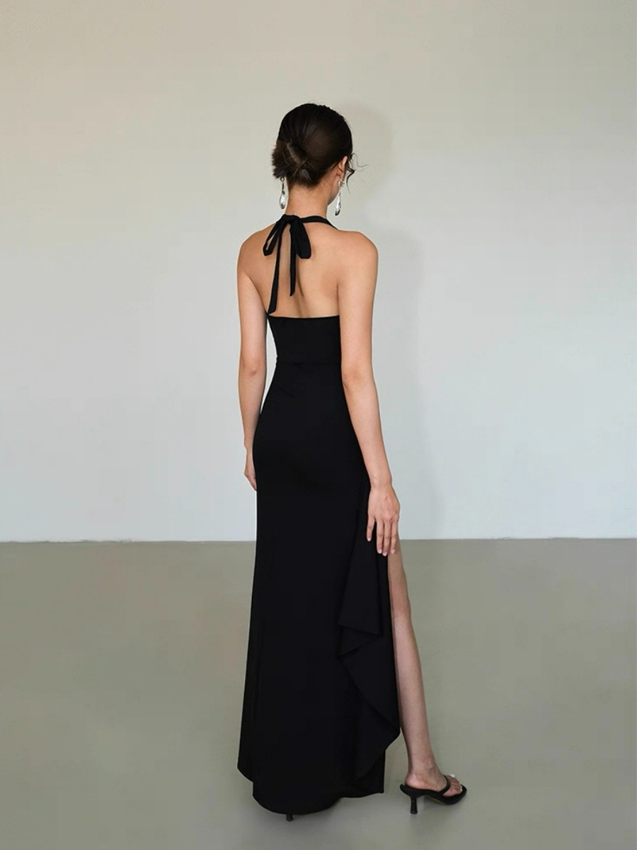 Alicia V-Neck High Slit Tie Back Knit Dress