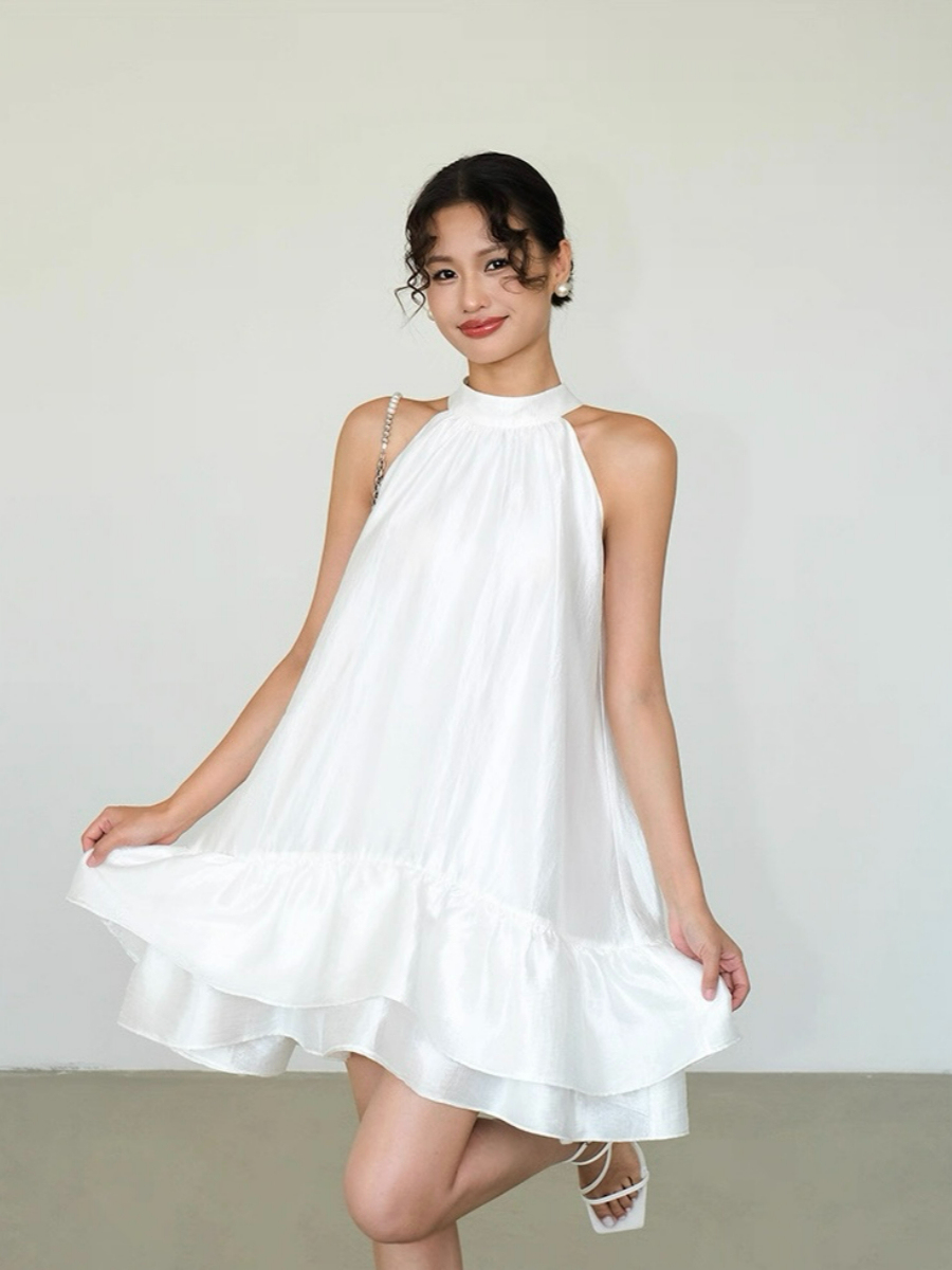 Abby Perlescent Halter Neck Ruffle Trim Dress