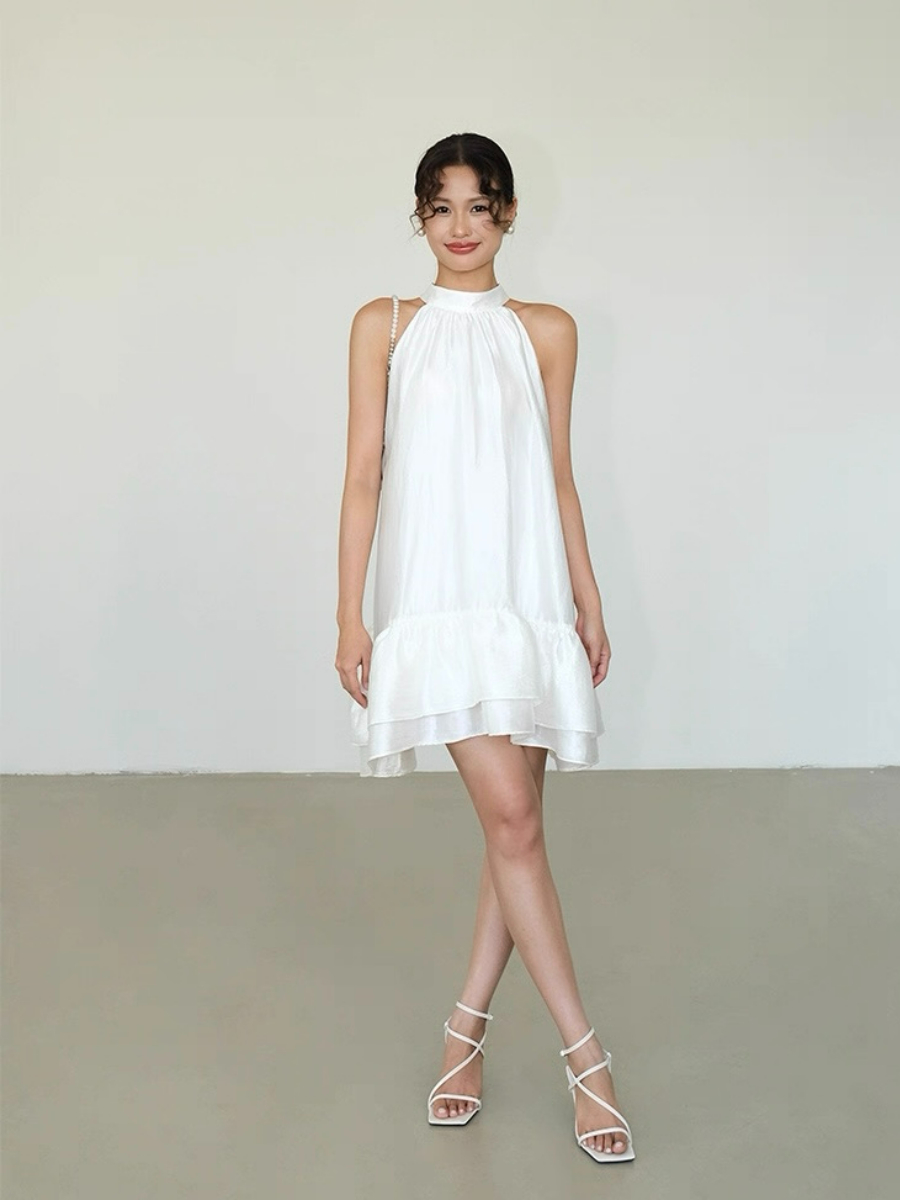 Abby Perlescent Halter Neck Ruffle Trim Dress