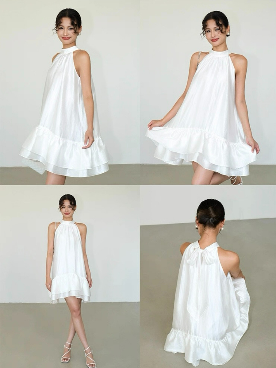 Abby Perlescent Halter Neck Ruffle Trim Dress