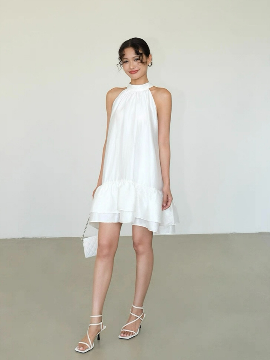 Abby Perlescent Halter Neck Ruffle Trim Dress