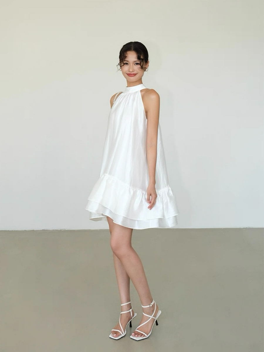 Abby Perlescent Halter Neck Ruffle Trim Dress