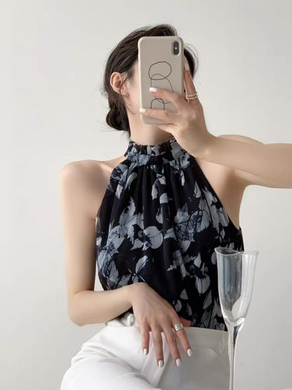 Xitaly Floral Halter Neck Chiffon Top-The Black Bow-