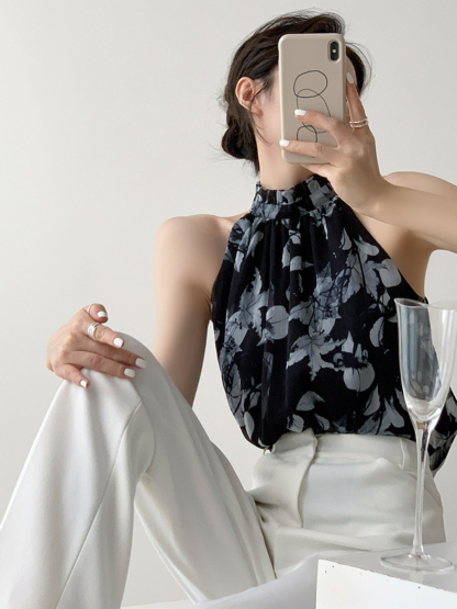 Xitaly Floral Halter Neck Chiffon Top-The Black Bow-