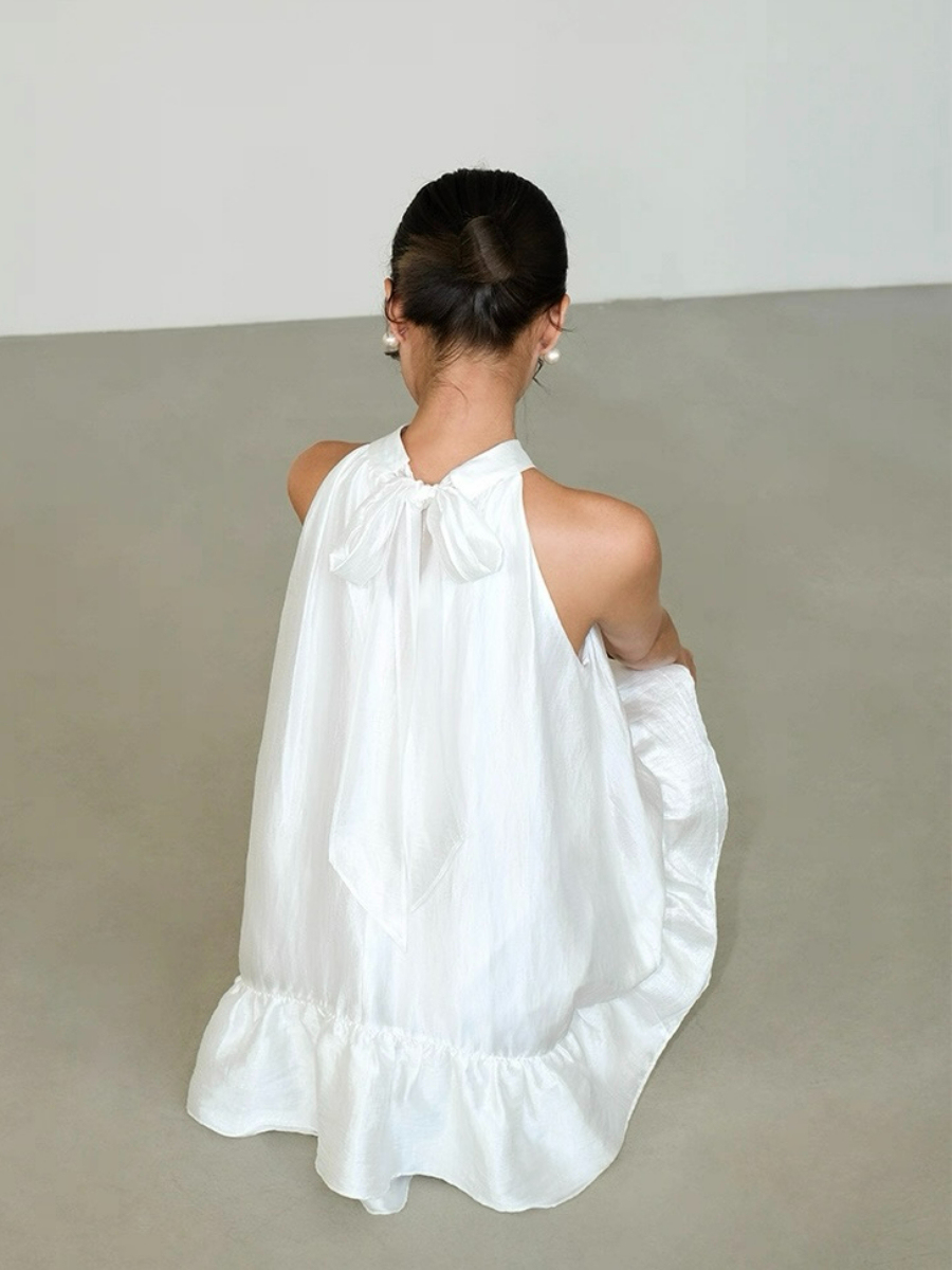 Abby Perlescent Halter Neck Ruffle Trim Dress