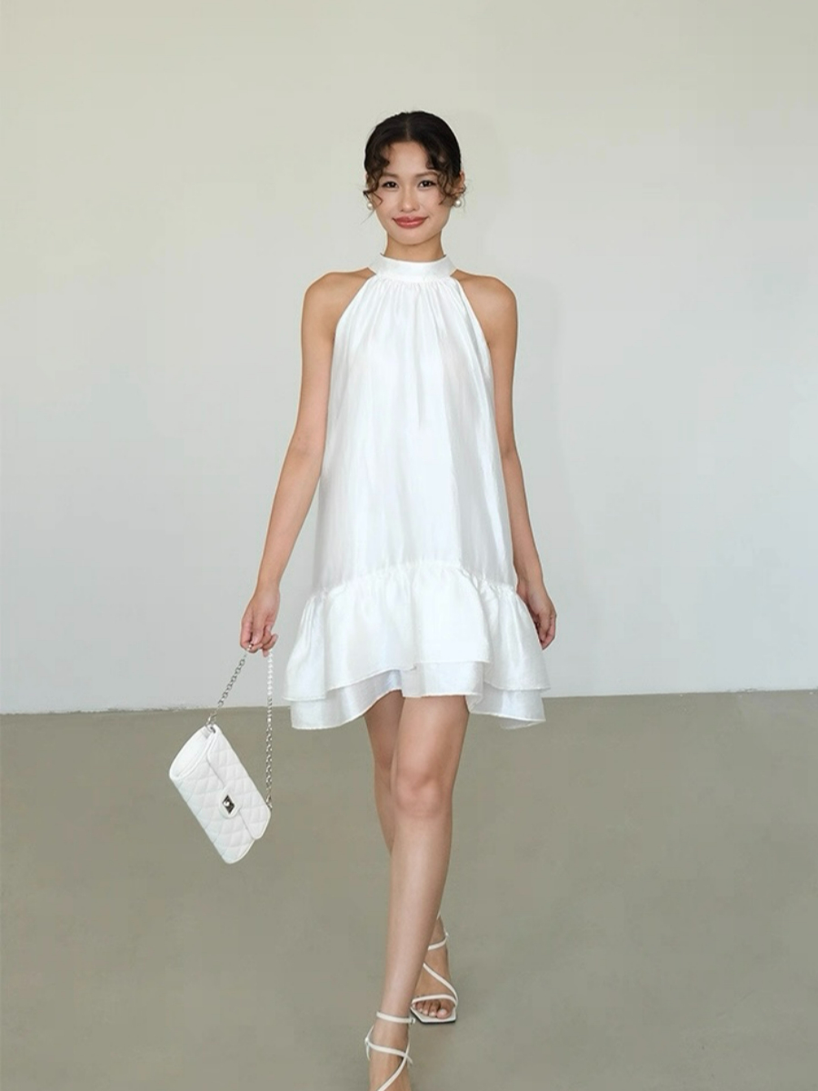 Abby Perlescent Halter Neck Ruffle Trim Dress
