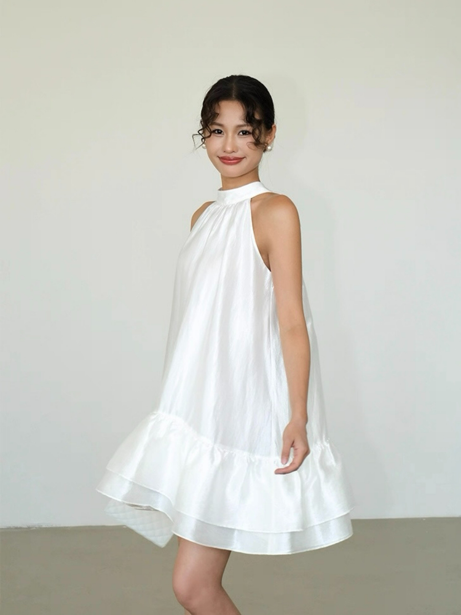 Abby Perlescent Halter Neck Ruffle Trim Dress