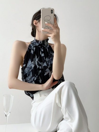 Xitaly Floral Halter Neck Chiffon Top-The Black Bow-