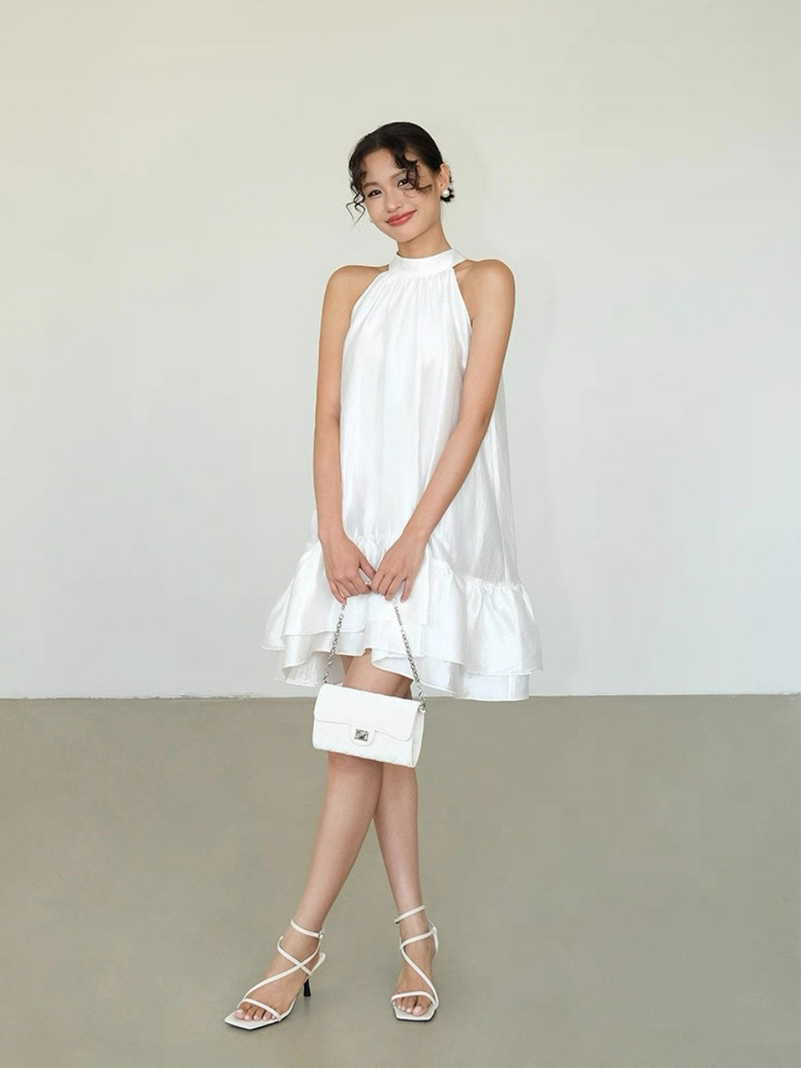 Abby Perlescent Halter Neck Ruffle Trim Dress