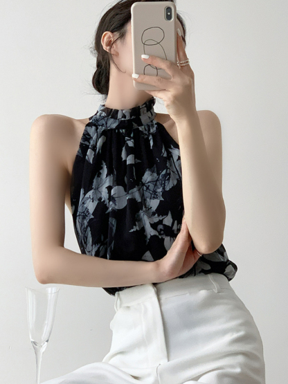 Xitaly Floral Halter Neck Chiffon Top-The Black Bow-