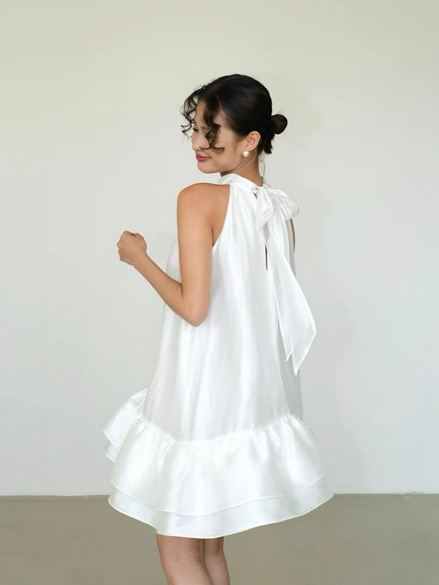 Abby Perlescent Halter Neck Ruffle Trim Dress