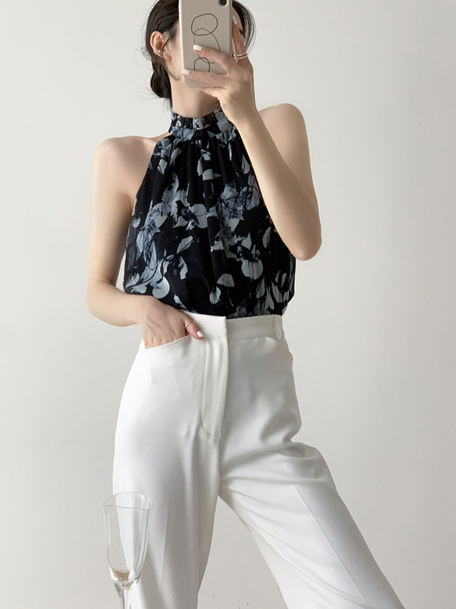 Xitaly Floral Halter Neck Chiffon Top-The Black Bow-