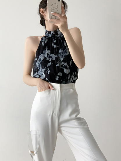 Xitaly Floral Halter Neck Chiffon Top-The Black Bow-