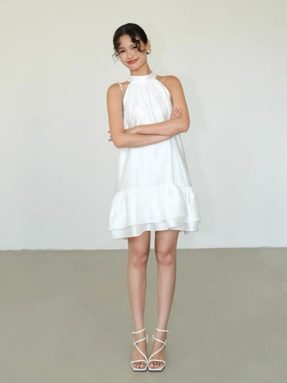 Abby Perlescent Halter Neck Ruffle Trim Dress