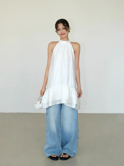 Abby Perlescent Halter Neck Ruffle Trim Dress