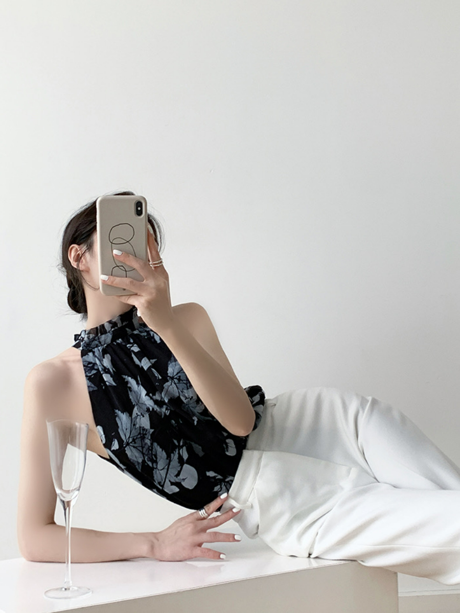 Xitaly Floral Halter Neck Chiffon Top-The Black Bow-