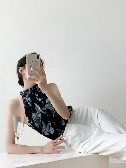 Xitaly Floral Halter Neck Chiffon Top-The Black Bow-