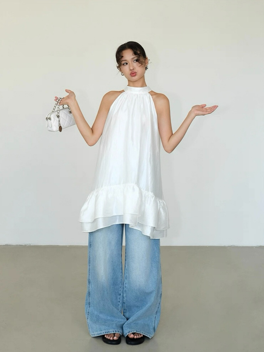 Abby Perlescent Halter Neck Ruffle Trim Dress