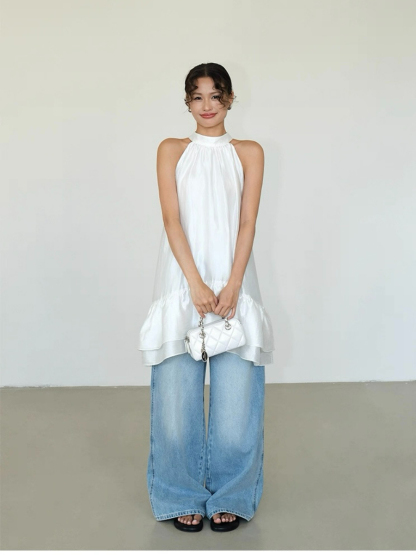 Abby Perlescent Halter Neck Ruffle Trim Dress