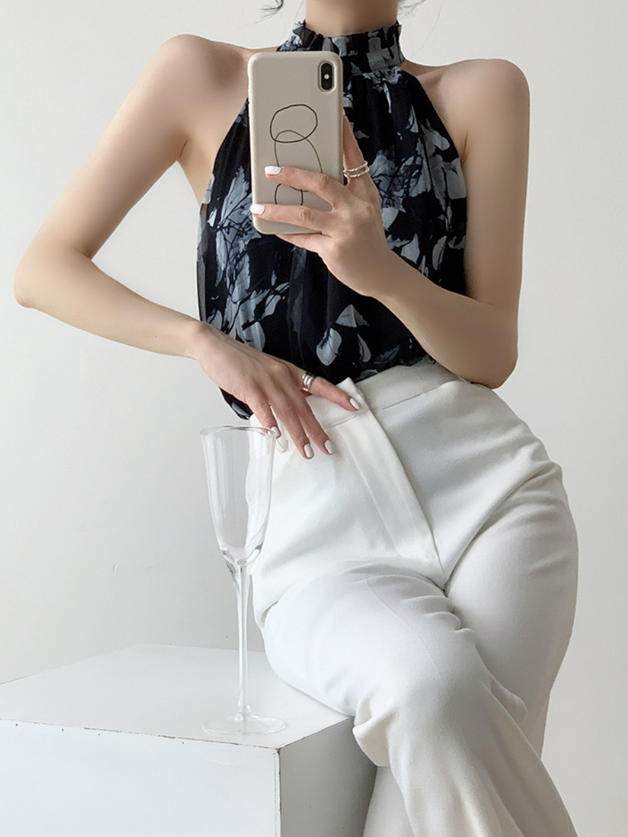 Xitaly Floral Halter Neck Chiffon Top-The Black Bow-