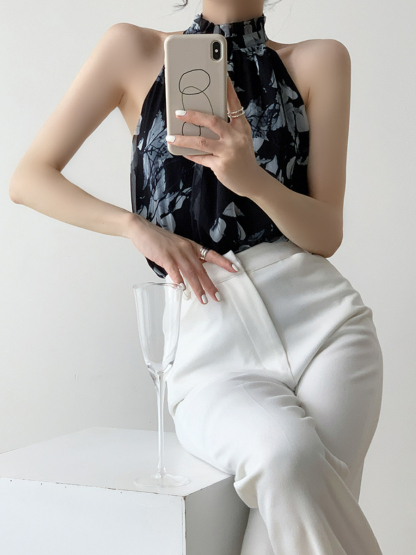 Xitaly Floral Halter Neck Chiffon Top-The Black Bow-