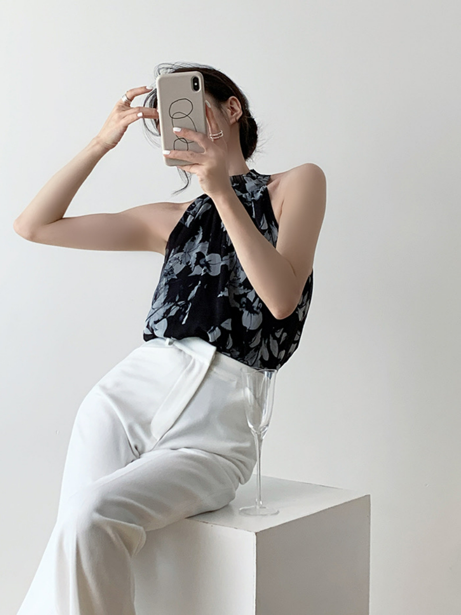 Xitaly Floral Halter Neck Chiffon Top-The Black Bow-